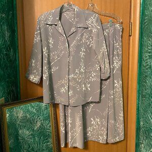 Light Blue 2 piece blazer and skirt with leaf vine design, crinkled material